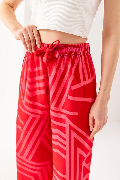 GİYSA Pink Geometric Patterned Viscose Palazzo Women's Trousers - Relaxed Fit 25001