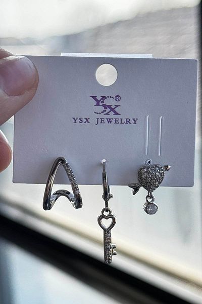 TAKIŞTIR طقم أقراط YSX مكون من 3 قطع من الفضة على شكل قلب ومفتاح ومفصل من حجر VİP