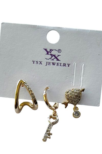 TAKIŞTIR طقم أقراط YSX VIP مكون من 3 قطع على شكل قلب ومفتاح ذهبي اللون