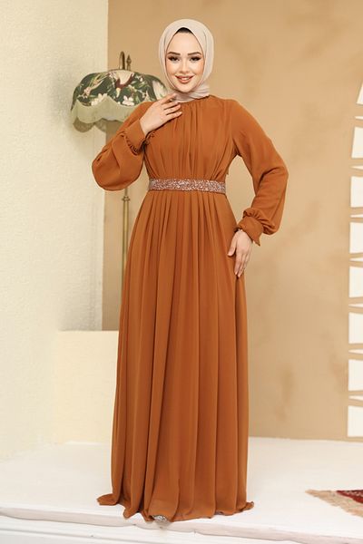 Neva Style Hijab Evening Dress - Pleated Tan Hijab Evening Dress 25888Tb