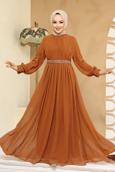 Neva Style Hijab Evening Dress - Pleated Tan Hijab Evening Dress 25888Tb