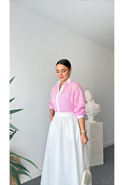 QİMYA BUTİK KEYYMOD Γυναικείο ριγέ πέτο & μανσέτες & πόδια Λευκό πουκάμισο