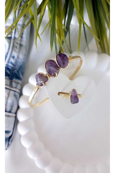 ZeynDesign Amethyst Natural Stone Bracelet and Ring Set