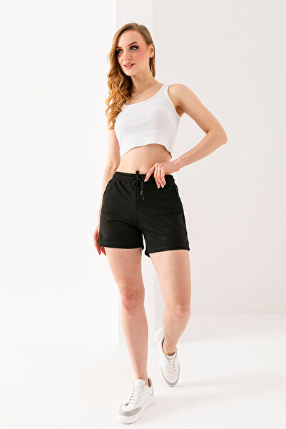 GİYSA Kadın Beli Lastikli Bağcıklı Cepli Şort Siyah - 25607