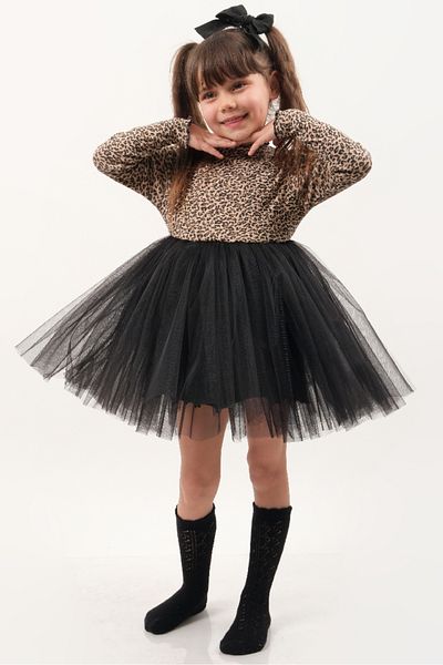 Milangel ROCHIE DE FATA CU MANECĂ LUNGĂ CU IMPRIMARE CU MODEL DE LEOPARD PE FUSTA TUTU NEGRĂ