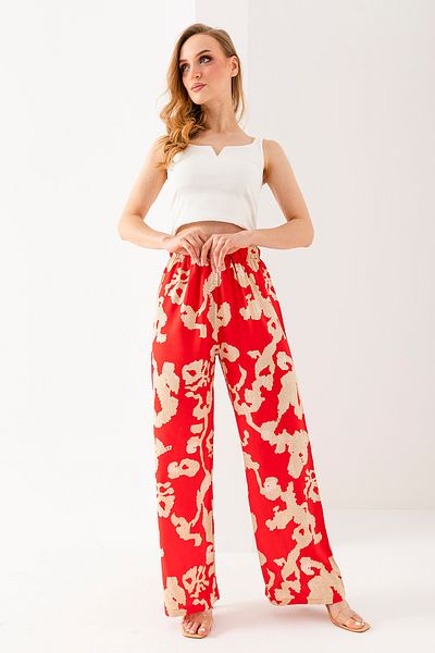 GİYSA Red Floral Patterned Women's Palazzo Trousers - 100% Viscose, Comfortable Fit - 25001