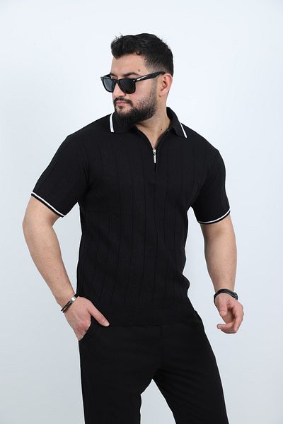 Trendseninle Black Half Zipper Polo Neck Plain Knitwear Knitted T-Shirt