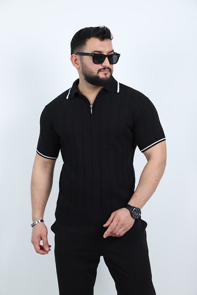 Trendseninle Black Half Zipper Polo Neck Plain Knitwear Knitted T-Shirt