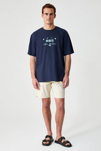 GRIMELANGE Moncada Men's Print Detailed 100% Organic Cotton Regular Crew Neck Short Sleeve Navy Blue T-Shirt