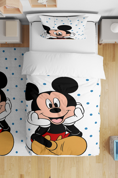 BelezaHome Blue Polka Dot Mickey Mouse Single Baby Kids Bedding Set
