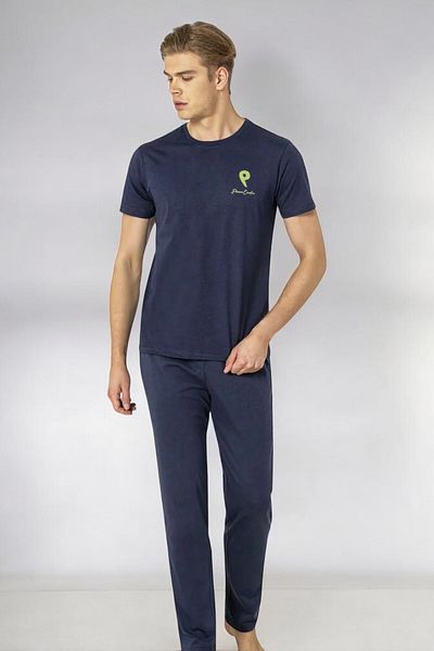 Pierre Cardin Licensed New Season Men's 100% Cotton Summer Pajama Set with Short Sleeves and Pockets - Indigo Blue