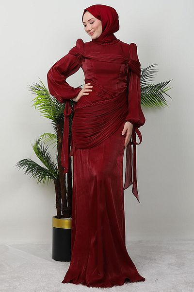 GİYZAMİLA Burgundy-Mesh Detail Evening Dress