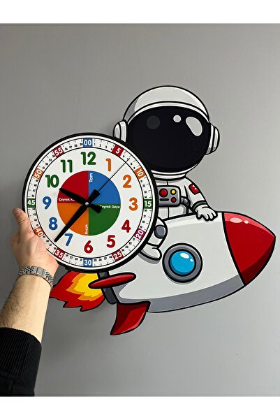 karbonsoft Sevimli Astronot Montessori Çocuk Odası Eğitici Ahşap Duvar Saati - Sessiz Mekanizma, Şık Tasarım