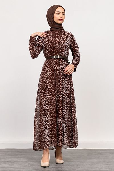 Bestenur Φόρεμα σιφόν Leopard Pattern 1350 - Καφέ