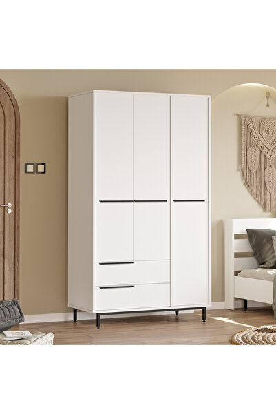 Yurudesign Ocean Gardırop 3 Kapı 2 Çekmece Metal Ayaklı 196cm Beyaz
