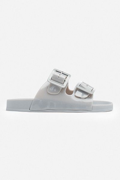 NİŞANTAŞI SHOES Papuci de damă Marlowe, gri transparent, cu cataramă dublă, cu talpă plată