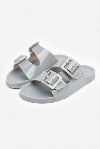 NİŞANTAŞI SHOES Γυναικείες παντόφλες Marlowe Διάφανες Γκρι Διπλή Πόρπη Λεπτομέρεια Επίπεδη Σόλα