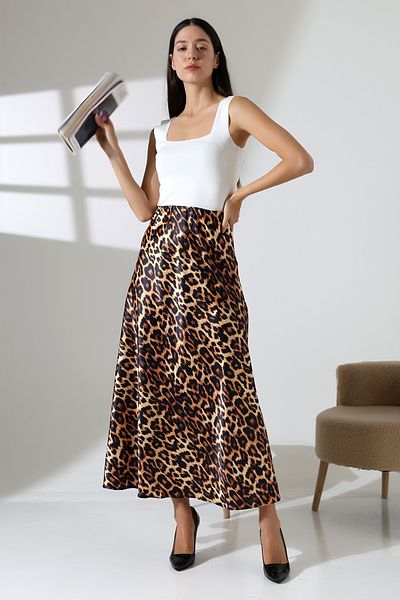 COCOCİX Women's Leopard Print Viscose Satin Fabric Midi Length Skirt
