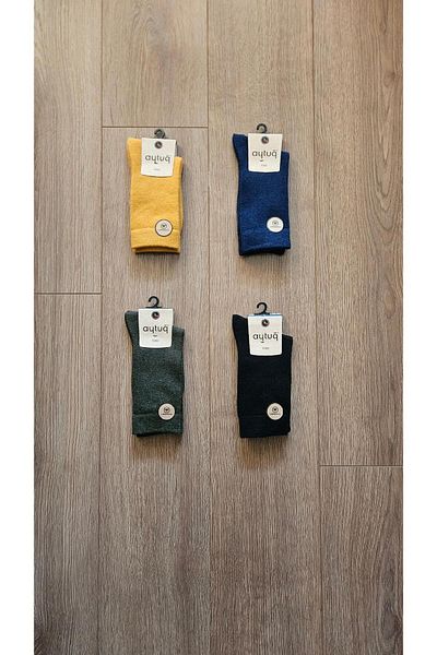 Aytuğ Aytuğ Winter Group 4 Pairs Lambswool-Sheep's Wool (Black-Yellow-Navy Blue-Khaki) Socket Socks- 45000-4
