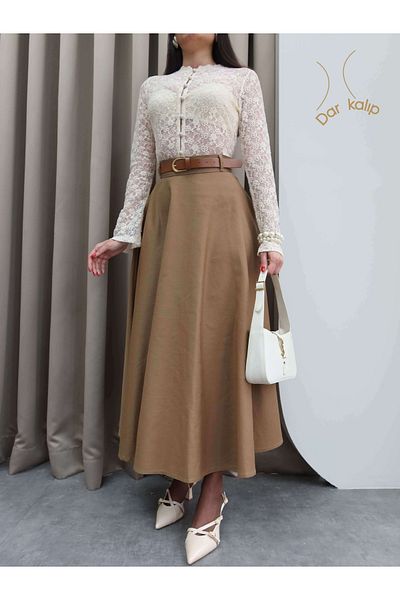 ESRAHELVACI Fusta Midi Gabardina Kaki