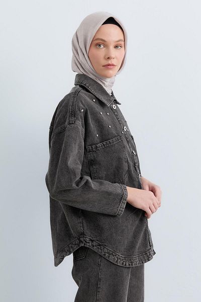 Nihan Black Crop Denim Jacket with Shiny Stone Accessories