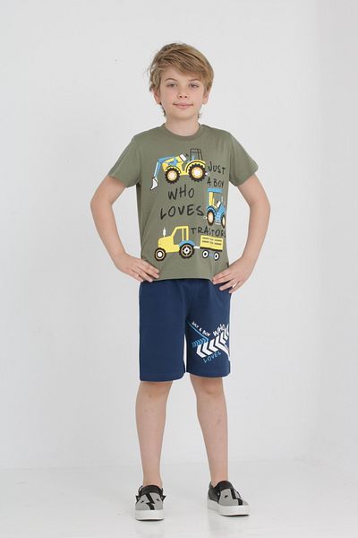 LupiaKids Tractor Printed 2-Piece Shorts Set - 100% Cotton - Short Sleeve Khaki T-Shirt & Navy Blue Shorts - Summer