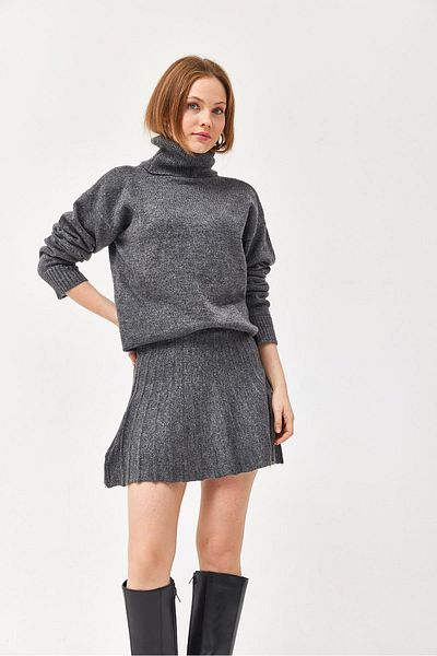 CALİENTE Turtleneck Skirted Knitwear Bottom Top Set Smoked