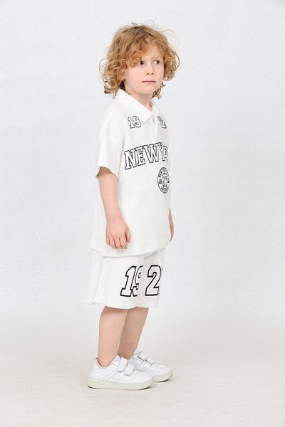 LupiaKids Retro 2-Piece Set - 100% Pounou Polo Neck T-Shirt & Casual Shorts - White