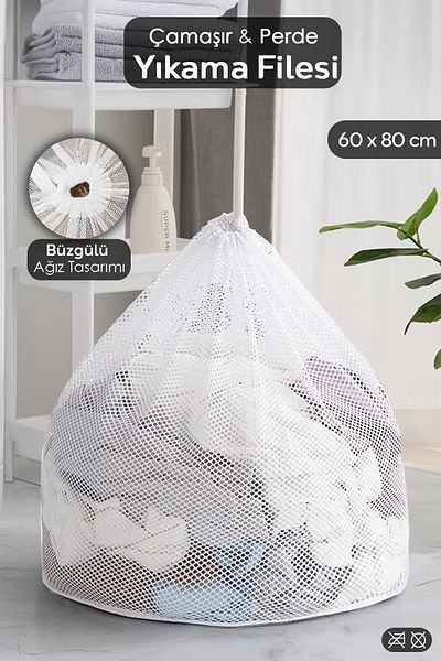 Meleni Home Large Size White Curtain and Laundry Net 60X80 cm