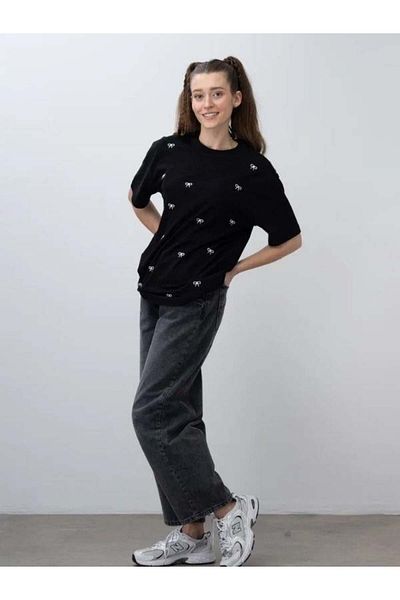 Zekids Tricou oversize cu broderie cu fundita pentru fete