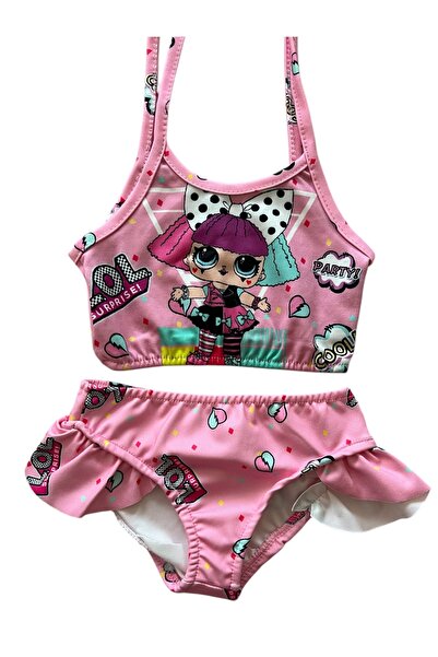 Genel Markalar Kız Çocuk Çantalı Fırfırlı LOL Baskılı Üçlü Bikini Takımı