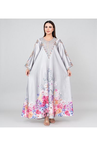 IKKXA Floral Printed Crystal Embroidery Jalabiya