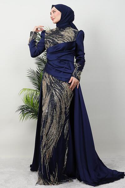 GİYZAMİLA Drapeli Pelerinli Abiye Lacivert