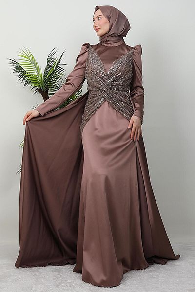 GİYZAMİLA Βραδινό φόρεμα Satin Butterfly Rose Brown
