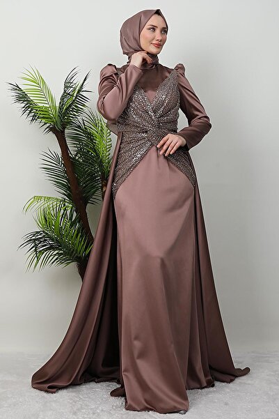 GİYZAMİLA Saténové motýlí večerní šaty Rose Brown