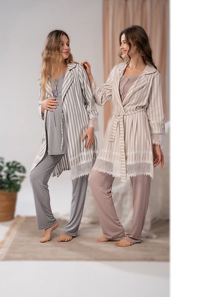 Pelin Women's Woven Dressing Gown Striped Lace Detailed Maternity Maternity 3-Piece Pajama Set