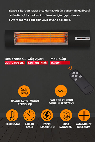 Veito Space-S BioCarbon Kızılötesi Isıtıcı 2500 W – Duvar Tipi, Uzaktan Kumandalı
