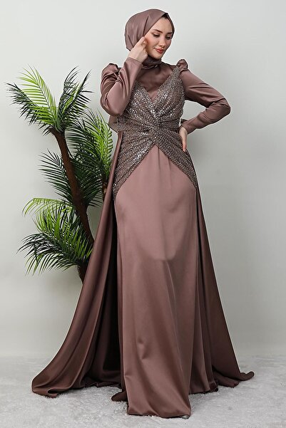 GİYZAMİLA Saténové motýlí večerní šaty Rose Brown