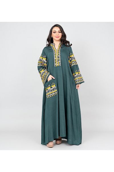 IKKXA Solid Embroidery Jalabiya with Pocket