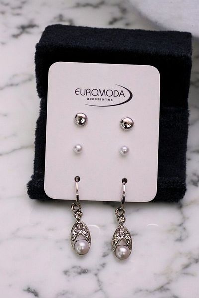 EUROMODA Silver Color Coated 3-Piece Earring Set with Special Pearl Design Ball Earrings