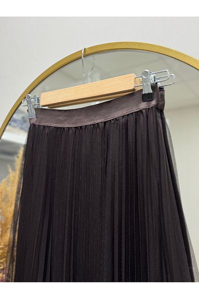 Ebrar Store Zümra Πλισέ Φούστα από Τούλι-ΜΤ2587 Σκούρο Καφέ