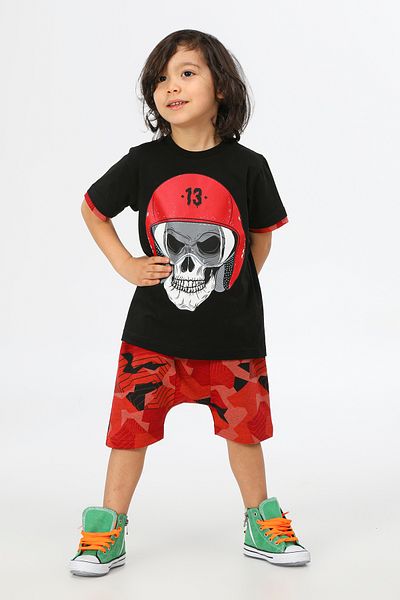 LupiaKids Skull Printed 2-Piece Shorts Set - 100% Cotton - Black Short Sleeve T-Shirt & Red Patterned Shorts