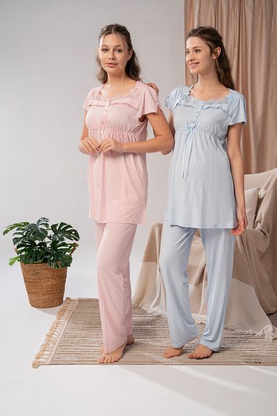 LOHOUSE Set de pijamale de maternitate pentru maternitate, albastru, cu design special din dantela, 3 piese