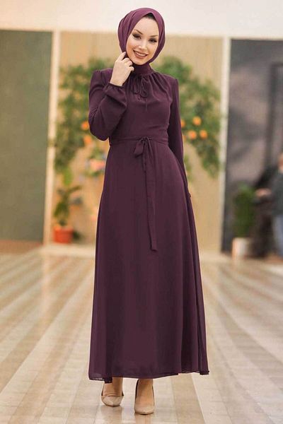 Neva Style - Rochie Hijab Prune cu centură 27922mu