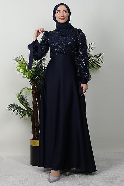 GİYZAMİLA Sequin Sequin Detail Satin Evening Dress Navy Blue