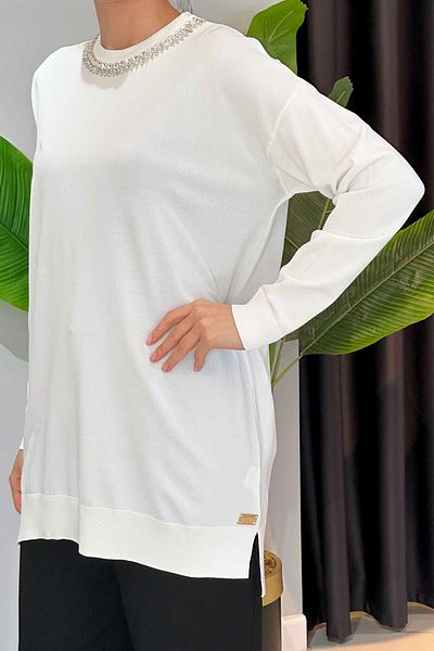 Missemramiss Stone Embroidered Maglia Knitwear Tunic Ecru Color 4710 Model