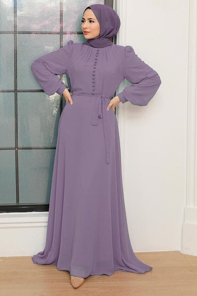 Neva Style - Rochie Hijab Liliac Deschis cu Detaliu Nasturi 2703alıla