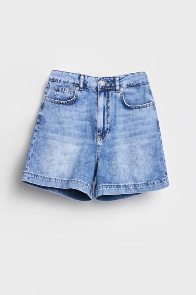 its basic Kadın Mavi Kot Rengi 4S5-27 Mom Fit Viscon Pamuk Kumaş Mini Boy Denim Şort