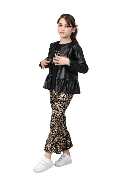 DERİ CEKETLİ LEOPAR PANTOLONLU 3'LÜ KIZ TAKIM