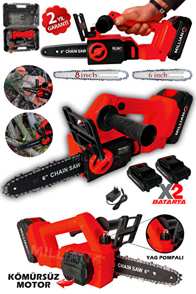 Millian Kömürsüz Motor Yağ Pompalı Dal Budama Testeresi Çift Bataryalı Çift Palalı Akülü Ağaç Kesme Makinesi